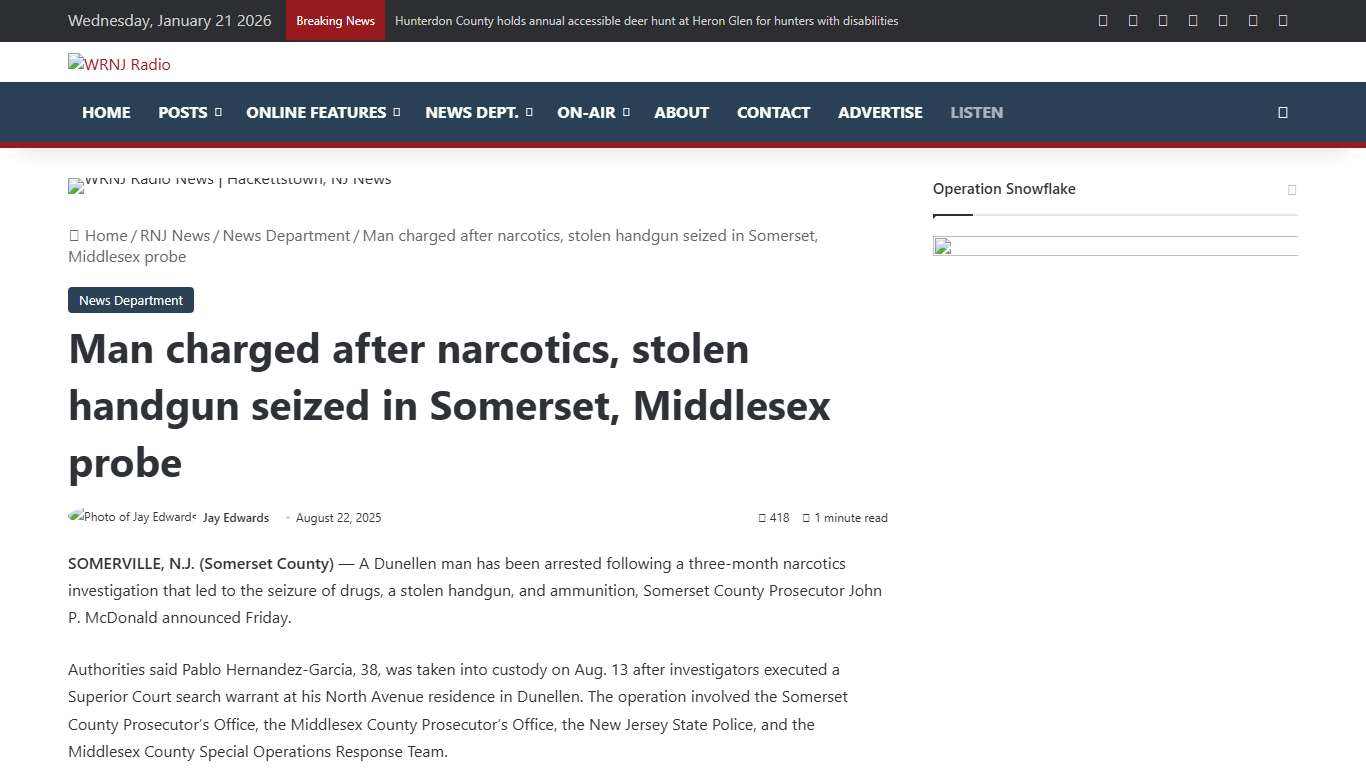 Man charged after narcotics, stolen handgun seized in Somerset, Middlesex probe - WRNJ Radio